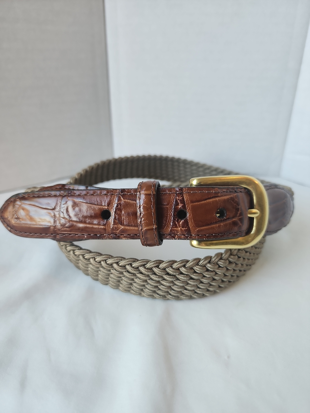 Brighton Croc Embossed Leather Belt Stretch Woven Beige Brass Buckle Size 38
